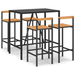 Berkfield 5 Piece Garden Bar Set Black Poly Rattan& Solid Wood Acacia - thumbnail 2