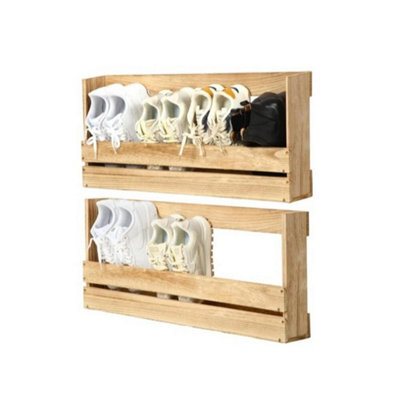 2Pcs 80Cm Wood Wall-Mounted Shoe Rack Entryway Footwear Storage Holder Organizer - image 1