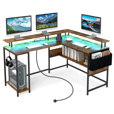 Costway L-Shaped Gaming Desk Computer Desk W/ Led Lights & Power Outlets-Brown - image 1