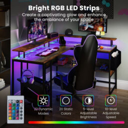 Costway L-Shaped Gaming Desk Computer Desk W/ Led Lights & Power Outlets-Brown - thumbnail 7