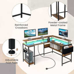 Costway L-Shaped Gaming Desk Computer Desk W/ Led Lights & Power Outlets-Brown - thumbnail 6