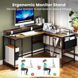 Costway L-Shaped Gaming Desk Computer Desk W/ Led Lights & Power Outlets-Brown - thumbnail 3
