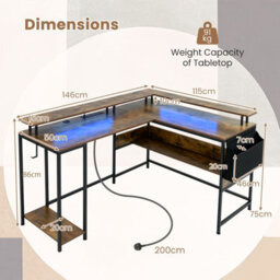 Costway L-Shaped Gaming Desk Computer Desk W/ Led Lights & Power Outlets-Brown - thumbnail 2