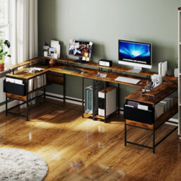 Costway L-Shaped Gaming Desk Computer Desk W/ Led Lights & Power Outlets-Brown - thumbnail 9