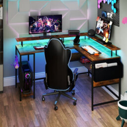 Costway L-Shaped Gaming Desk Computer Desk W/ Led Lights & Power Outlets-Brown - thumbnail 8