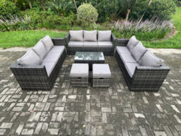 Fimous Outdoor Lounge Sofa Set Wicker Pe Rattan Garden Furniture Set With Oblong Coffee Table 2 Small Footstools - thumbnail 1