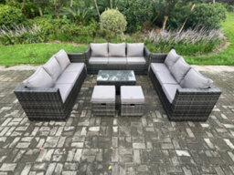 Fimous Outdoor Lounge Sofa Set Wicker Pe Rattan Garden Furniture Set With Oblong Coffee Table 2 Small Footstools - thumbnail 2
