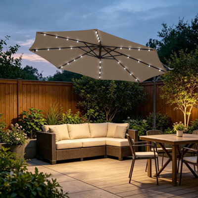 VRUC Outdoor Patio Garden Cantilever Banana Led Parasol Hanging Umbrella 3M Taupe