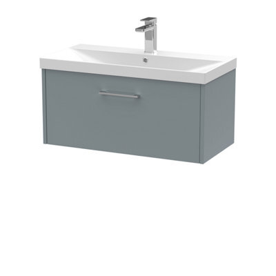 Hudson Reed Juno Wall Hung Single Soft Close Drawer Vanity Unit With Thin-Edge 1 Tap Hole Basin In Coastal Grey Finish, 800mm - image 1