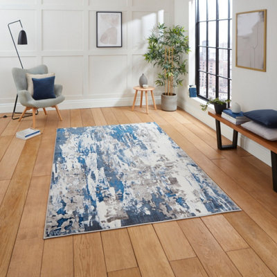 Grey Navy Abstract Machine Made Modern Rug For Living Room Bedroom And Dining Room-160Cm X 220Cm