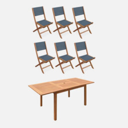 Sweeek - 6-Seater Extendable Wooden Garden Table With 6 Textilene Chairs Natural 180X80X75 Cm - Almeria Table 180Cm + 6 Chairs