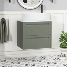 Royal Bathrooms Royal Bathroom Elmore 600mm Matt Green Wall Mounted Bathroom Vanity Unit 2 Drawer Plain White Worktop With Peak Basin - thumbnail 1