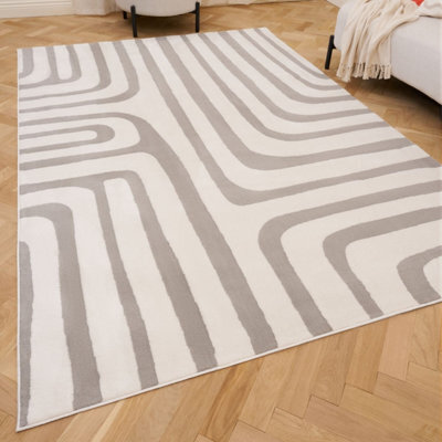 The Rugs Loft Light Grey And Ivory Curved Line Living Room Area Rug And Runners Soft Pile - image 1