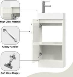 Belofay 400mm Bathroom Vanity Units With Basin With White Ceramic Bathroom Sink Soft Close Hinges & 1 Tap Hole (New York White) - thumbnail 6