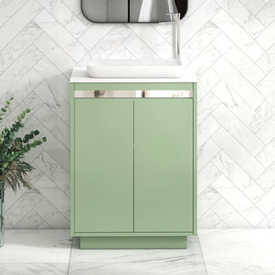 Royal Bathrooms Orion 600mm Mint Sage Floor Standing Plain White Countertop Vanity Unit 2 Door With Qubix Basin & Chrome Accent Trim - image 1