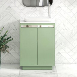 Royal Bathrooms Orion 600mm Mint Sage Floor Standing Plain White Countertop Vanity Unit 2 Door With Qubix Basin & Chrome Accent Trim - thumbnail 1
