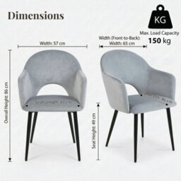 Evre Hailey  Grey Velvet Dining Chairs Set Of 2 Upholstered Chairs With Arms & Metal Legs - thumbnail 2