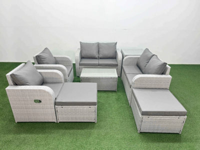 Fimous 8 Seater Outdoor Reclining Chair Love Sofa Set Rattan Garden Furniture Set Coffee Table 2 Big Footstools Side Table - image 1