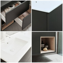 Homestylestore Black Grey 1212mm Wall Hung Bathroom Vanity Unit Open Shelf And Chalk Basin - thumbnail 2
