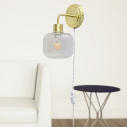 First Choice Lighting Set Of 2 Toby - Satin Brass Plug In Wall Lights  Ribbed Glass Shades - thumbnail 5