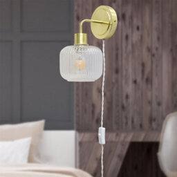 First Choice Lighting Set Of 2 Toby - Satin Brass Plug In Wall Lights  Ribbed Glass Shades - thumbnail 4