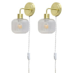 First Choice Lighting Set Of 2 Toby - Satin Brass Plug In Wall Lights  Ribbed Glass Shades - thumbnail 1