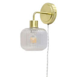 First Choice Lighting Set Of 2 Toby - Satin Brass Plug In Wall Lights  Ribbed Glass Shades - thumbnail 3