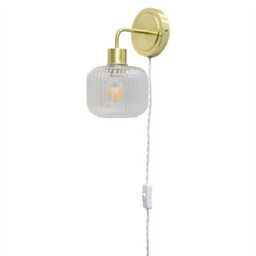 First Choice Lighting Set Of 2 Toby - Satin Brass Plug In Wall Lights  Ribbed Glass Shades - thumbnail 2