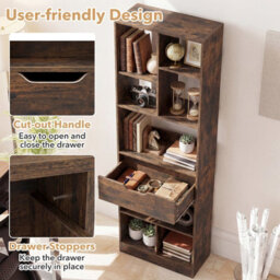 Gainoom Bookcase With Drawer Tall Freestanding Bookshelf With 8 Open Cubes Floor Display Rack Storage Organizer Rustic Brown - thumbnail 9