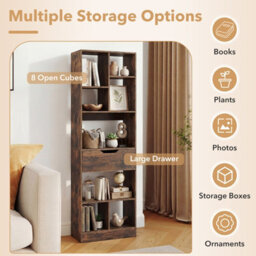 Gainoom Bookcase With Drawer Tall Freestanding Bookshelf With 8 Open Cubes Floor Display Rack Storage Organizer Rustic Brown - thumbnail 7