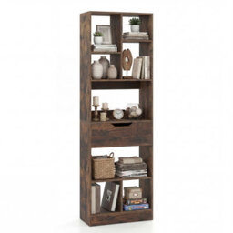 Gainoom Bookcase With Drawer Tall Freestanding Bookshelf With 8 Open Cubes Floor Display Rack Storage Organizer Rustic Brown