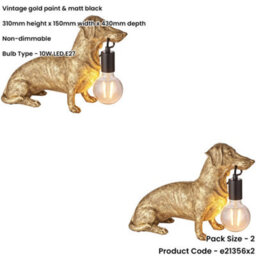 Loops 2 Pack Vintage Gold Paint Dashund Dog Table Lamp - 10W Led E27 - thumbnail 2