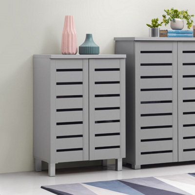 Timber Art Design 4 Tier Shoe Storage Cabinet 2 Door Cupboard Stand Rack Unit Light Grey - image 1
