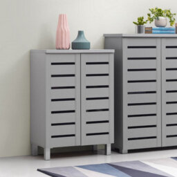 Timber Art Design 4 Tier Shoe Storage Cabinet 2 Door Cupboard Stand Rack Unit Light Grey - thumbnail 1