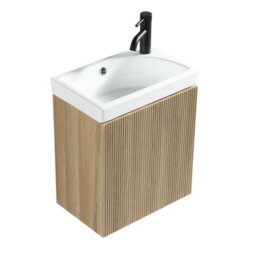 FNX Bathrooms Fluted Mini Cloakroom Vanity Unit With Basin Wall Hung Soft Close Door Integrated Storage - Country Oak - thumbnail 4