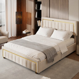 5Ft King Bed, Upholstered Ottoman Bed Frame With Adjustable Headboard, Cream Velvet 150X200Cm - thumbnail 1