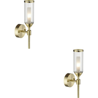 Loops 2 Pack Satin Brass Dimmable Wall Light - Ribed & Frosted Glass Shade - 3W Led G9 Candle Effect - image 1