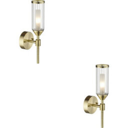 Loops 2 Pack Satin Brass Dimmable Wall Light - Ribed & Frosted Glass Shade - 3W Led G9 Candle Effect - thumbnail 1