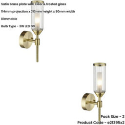 Loops 2 Pack Satin Brass Dimmable Wall Light - Ribed & Frosted Glass Shade - 3W Led G9 Candle Effect - thumbnail 2