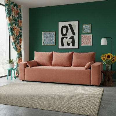 Livorno Sofa Bed For Living Room Foam Seat Wave Springs Wooden Legs Wood Frame 250X94X90 Cm Sleep Area 200X140 Pink - image 1