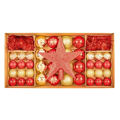 Premier Decorations Premier - 54 Piece Shatterproof Multipack Baubles, Star And Decoration Set,red And Champagne Gold
