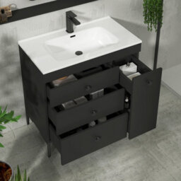 Royal Bathrooms Verona 800mm Black Floor Standing Vanity Unit 3 Drawer & Side Pull Out Storage With Ceramic Basin - Black Knob - thumbnail 5