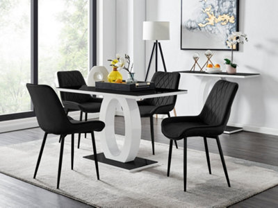 Furniturebox Giovani Rectangular 4 Seat White High Gloss Unique Halo Base Dining Table Black Glass Top 4 Black Velvet Black Leg Pesaro Chairs - image 1