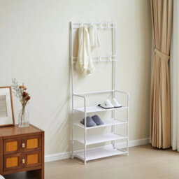 4 Tiers Coat Hat Stand 8 Hooks Metal Shoe Rack Shelf Hanger Entryway Organizer - thumbnail 4