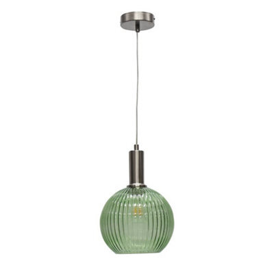 First Choice Lighting Betchley - Green Ribbed Glass Globe Satin Nickel Deco Pendant Fitting - image 1