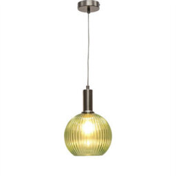 First Choice Lighting Betchley - Green Ribbed Glass Globe Satin Nickel Deco Pendant Fitting - thumbnail 2