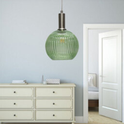 First Choice Lighting Betchley - Green Ribbed Glass Globe Satin Nickel Deco Pendant Fitting - thumbnail 4
