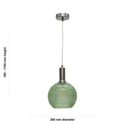 First Choice Lighting Betchley - Green Ribbed Glass Globe Satin Nickel Deco Pendant Fitting - thumbnail 5