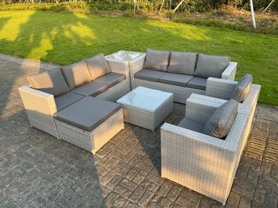 Fimous9 Seater Light Grey Rattan Sofa Set Chairs 2 Coffee Tea Table Footstool Outdoor Garden Furniture - image 1