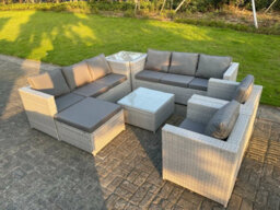Fimous9 Seater Light Grey Rattan Sofa Set Chairs 2 Coffee Tea Table Footstool Outdoor Garden Furniture - thumbnail 1